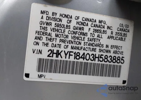 2003 Honda Pilot Ex from USA, damaged, VIN 2HKYF18403H583885